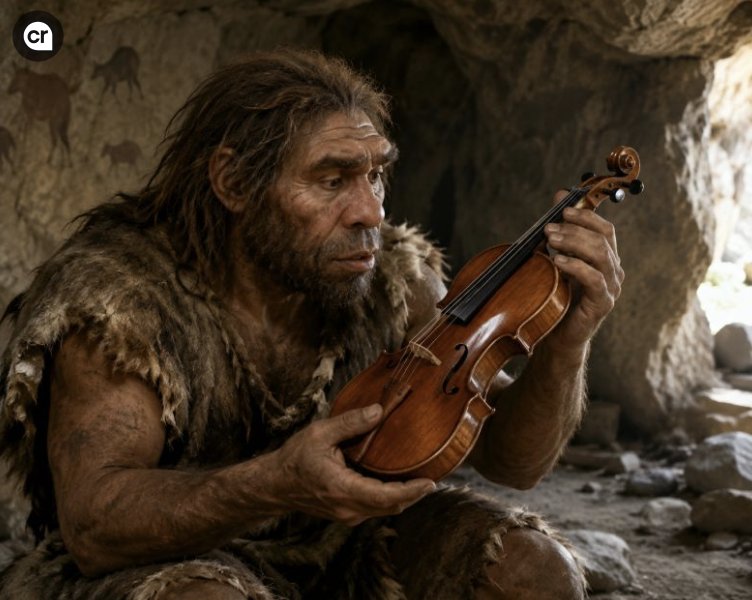 Cavernícola tocando violino dentro de uma caverna, evocando a tensão entre a intuição humana e a realidade quântica