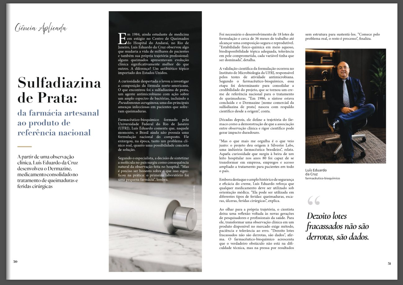 Página da revista da Sociedade Brasileira de Cirurgia Plástica com a matéria 'Sulfadiazina de Prata: da farmácia artesanal ao produto de referência nacional', com foto de Luís Eduardo da Cruz e imagem da bisnaga do creme.